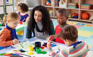 Classroom,,Teacher,And,Children,With,Painting,For,Education,,Creativity,And